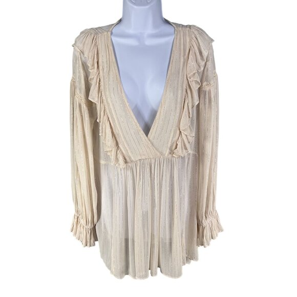 Anthropologie Maeve Wynn Metallic Striped Womens 8 Flowy Tunic Top Boho Peasant - Picture 3 of 16
